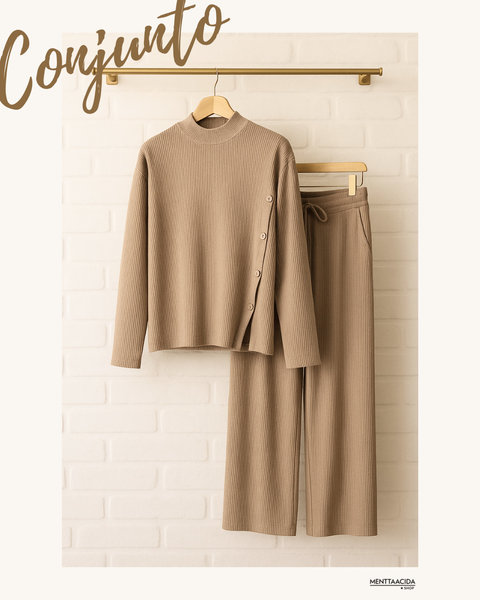 Conjunto Punto Canalé Botones color camel/tostado