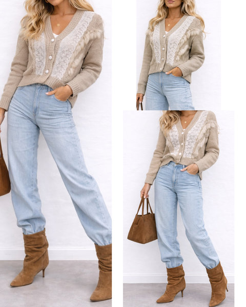 Chaqueta punto de mujer en color marrón , con detalles de encaje y bordados,con pelito .menttaaacidashop