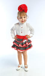 traje de campera para niña con fajín, blusa y falda rociera y fajín rojo MiBebesito. Manga corta