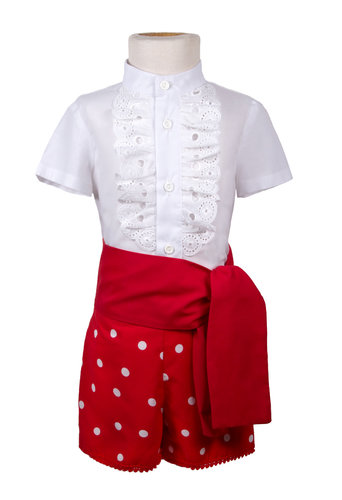 Traje de gitano para niño pantalón rojo lunar blanco