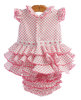 traje de flamenca para bebe blanco con braguita a juego, lunares color rosa y tres volantes MiBebesito apertura trasera