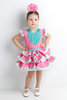 Modelo niña, vestido de gitana para niña rosa con lunares blancos y volantes remate de madroño en verde agua - MiBebesito