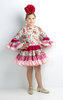 vestido de gitana para niña tipo marisol con estampado floreado y lunares, en tonos burdeos y rosa claro, con mangas de volante canastero - MiBebesito