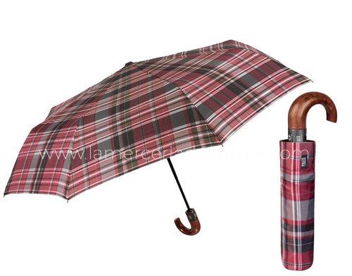 Paraguas plegable hombre, mango curvo modelo escocés rojo y de Perletti