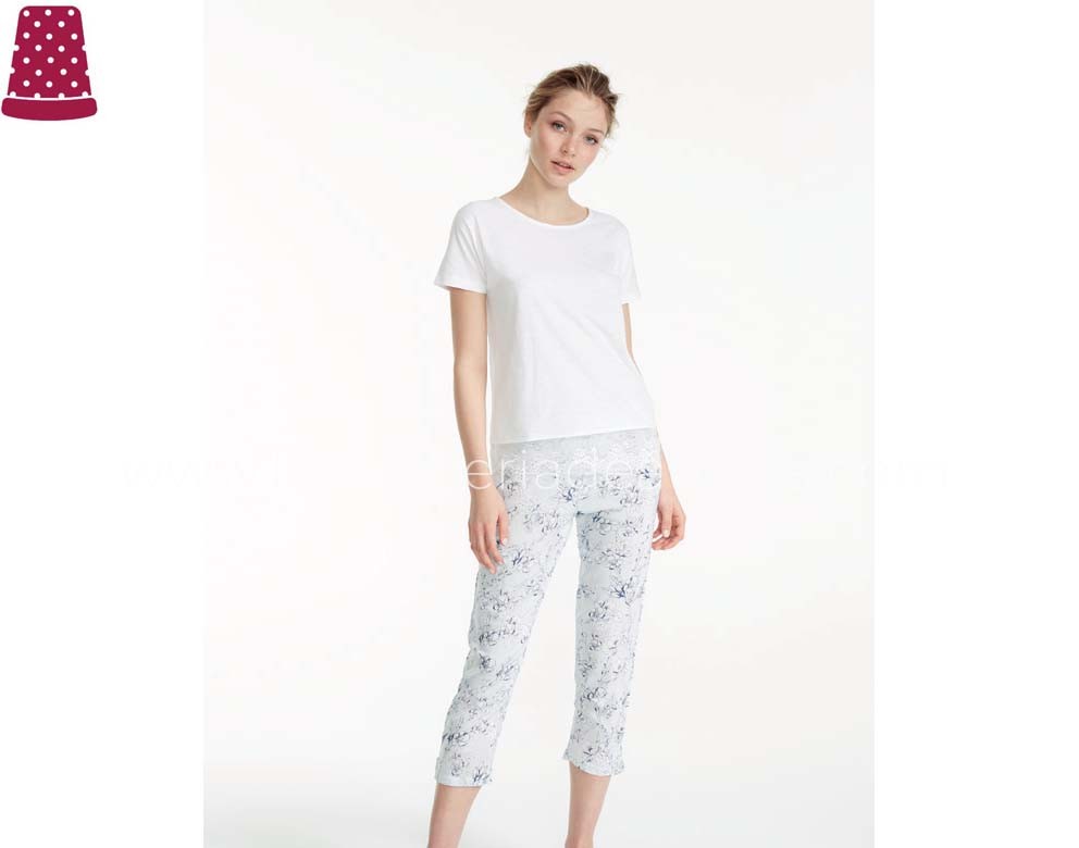 Señora pijama pijama abotonadura manga corta Capri pantalones de algodón 54763 