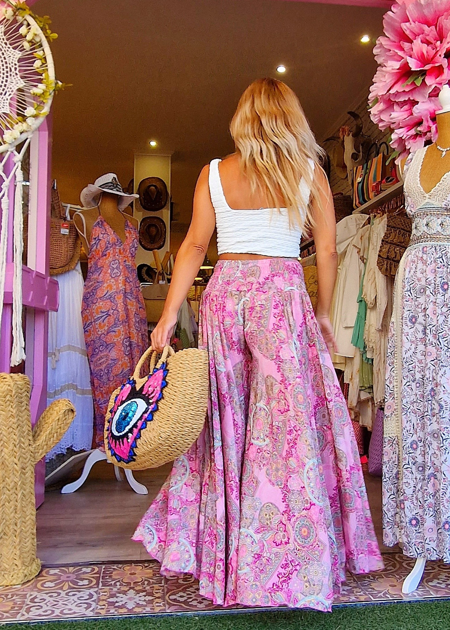 Falda Pantalón seda Rosa Bordada - Stártara Shop Tienda online Boho Chic