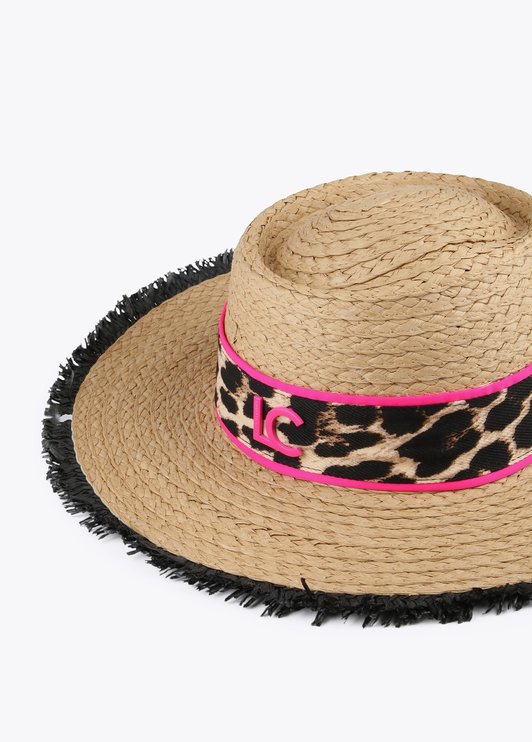 Sombrero acabado flecos negro con cinta leopardo y flúor Lola Casademunt