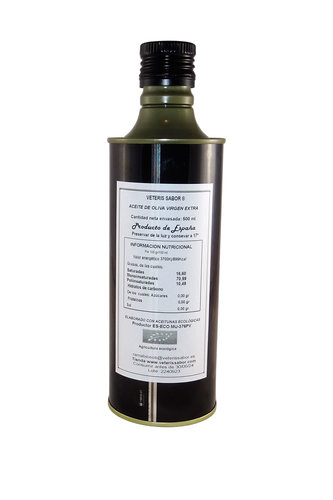 Aceite de oliva virgen extra elaborado con aceitunas ecológicas, Productor ES-ECO MU-376PV, botella metálica 500 Ml. Envío gratis a la península.